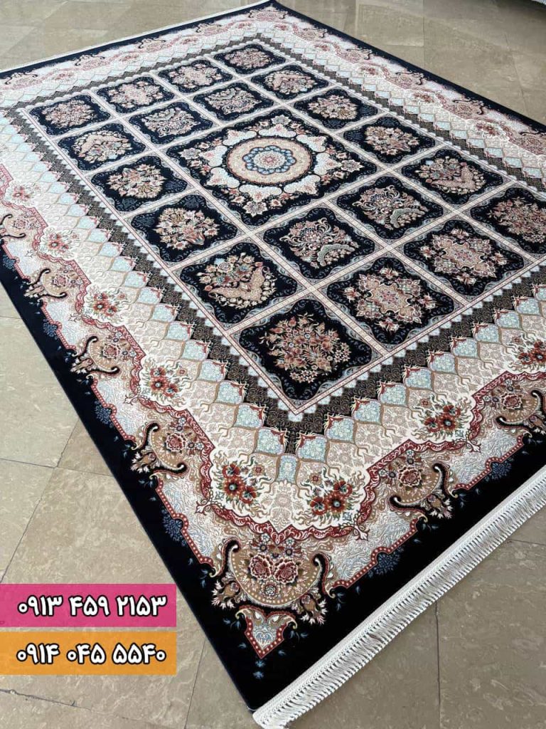 فرش طرح گل خشتی سرمه ای