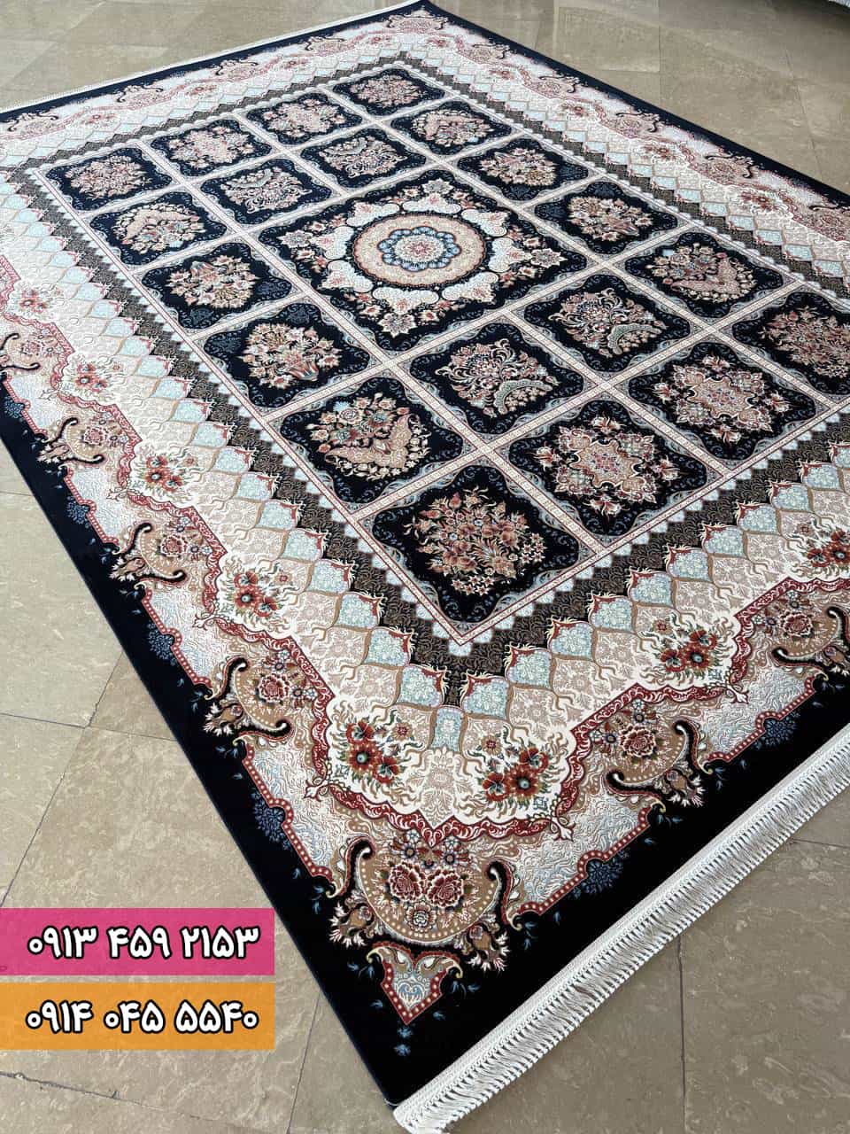 گل خشتی فرش طرح گل خشتی سرمه ای